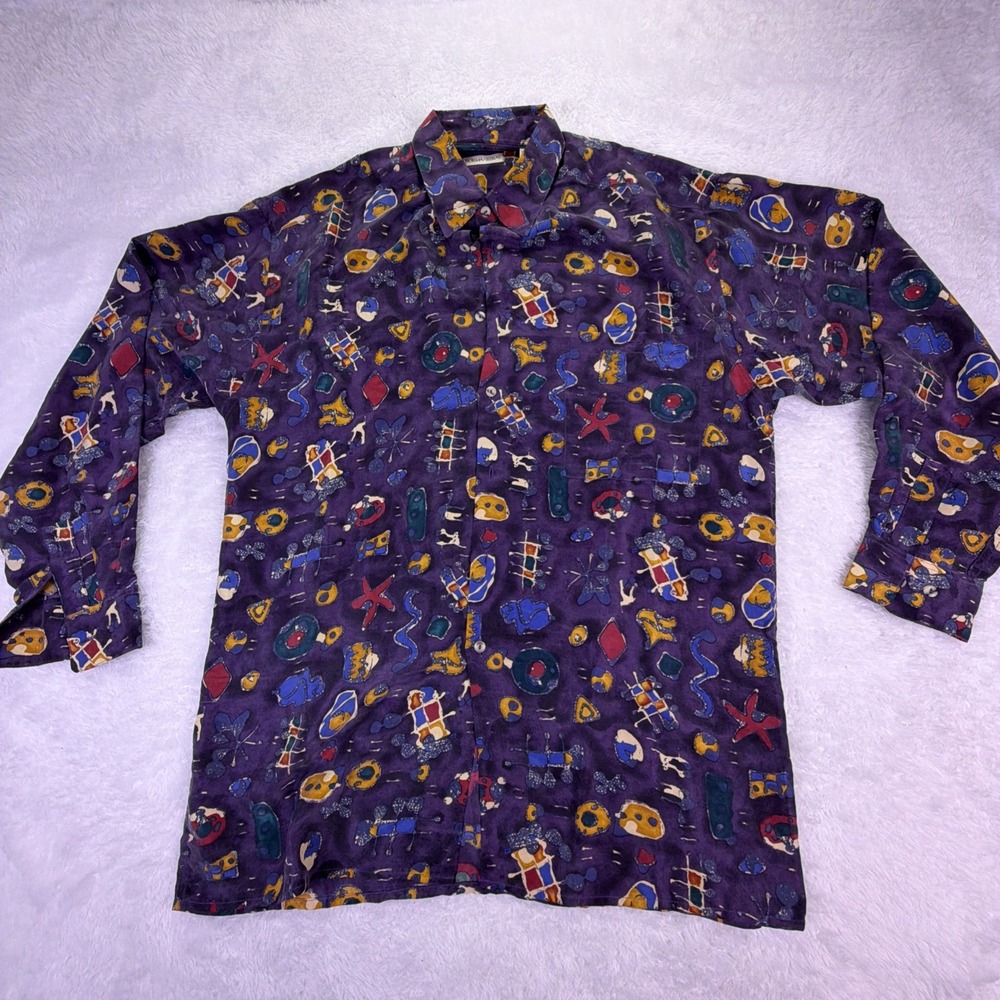 Vintage Burma Bibas 100% Silk‎ Long Sleeve Shirt Men's Medium Purple Abstract